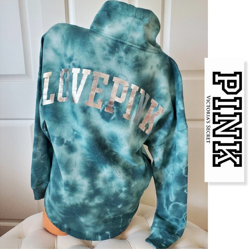 PINK Victoria's Secret Green Tie Dye Metallic Logo Pullover Sweatshirt Green XS